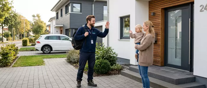 Ein junger Mann verabschiedet sich von seiner Familie